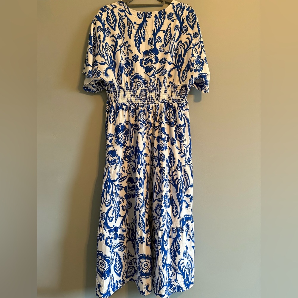 Blue and White Floral V-Neck Maxi Dress - Picture 4 of 9